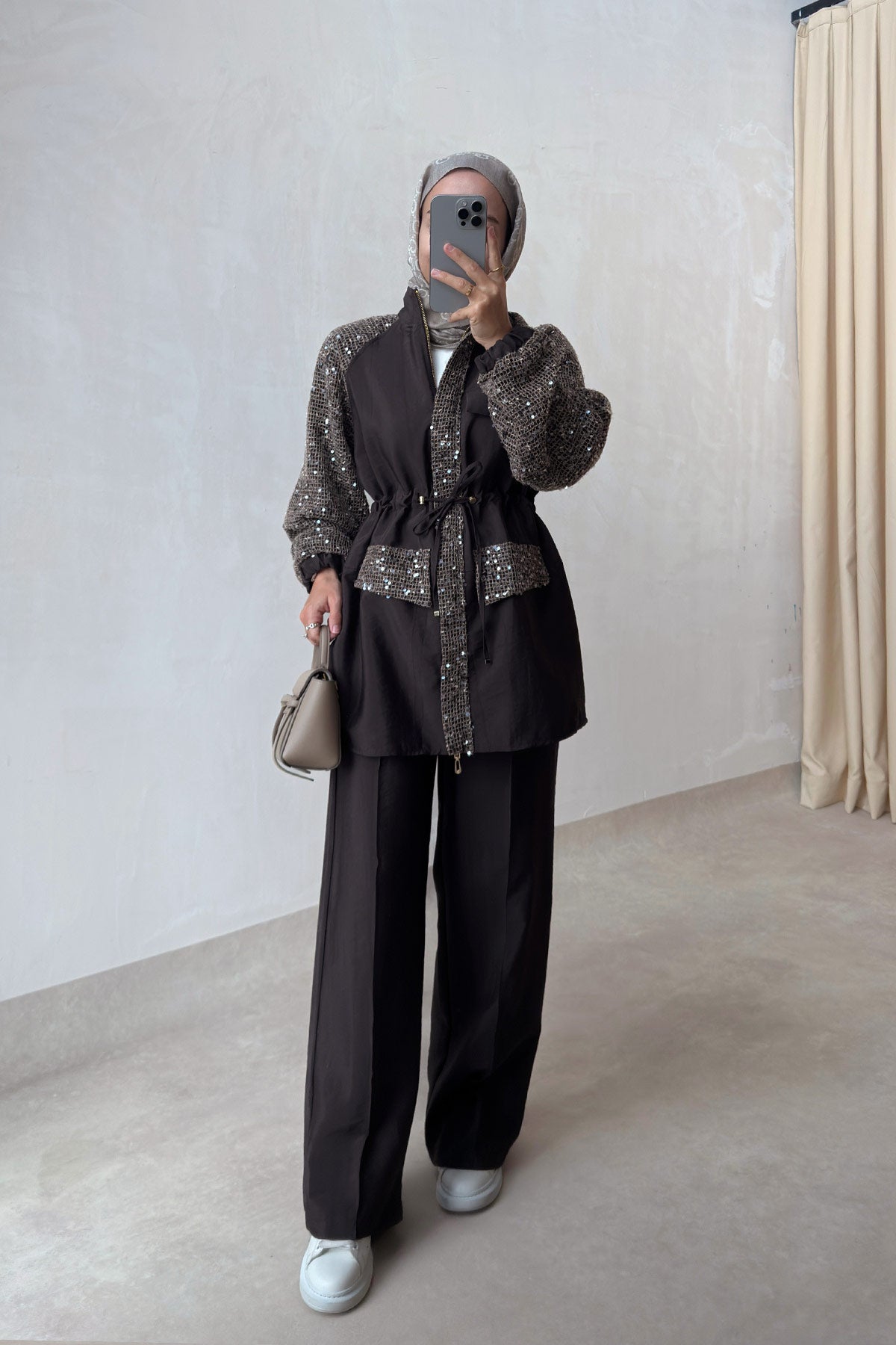 Sequin Two-Piece Suit with Drawstring Waist - Brown