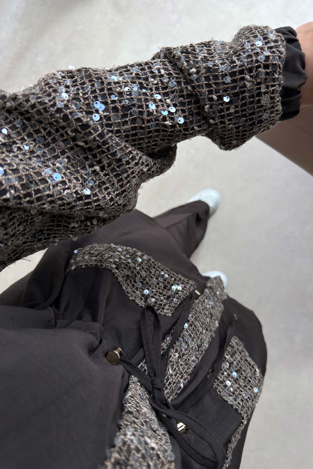 Sequin Two-Piece Suit with Drawstring Waist - Brown