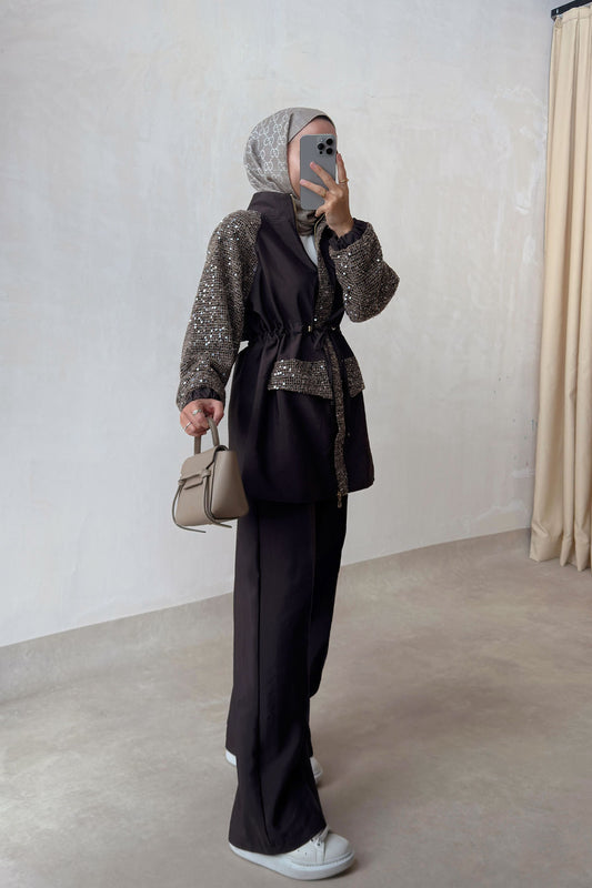 Sequin Two-Piece Suit with Drawstring Waist - Brown