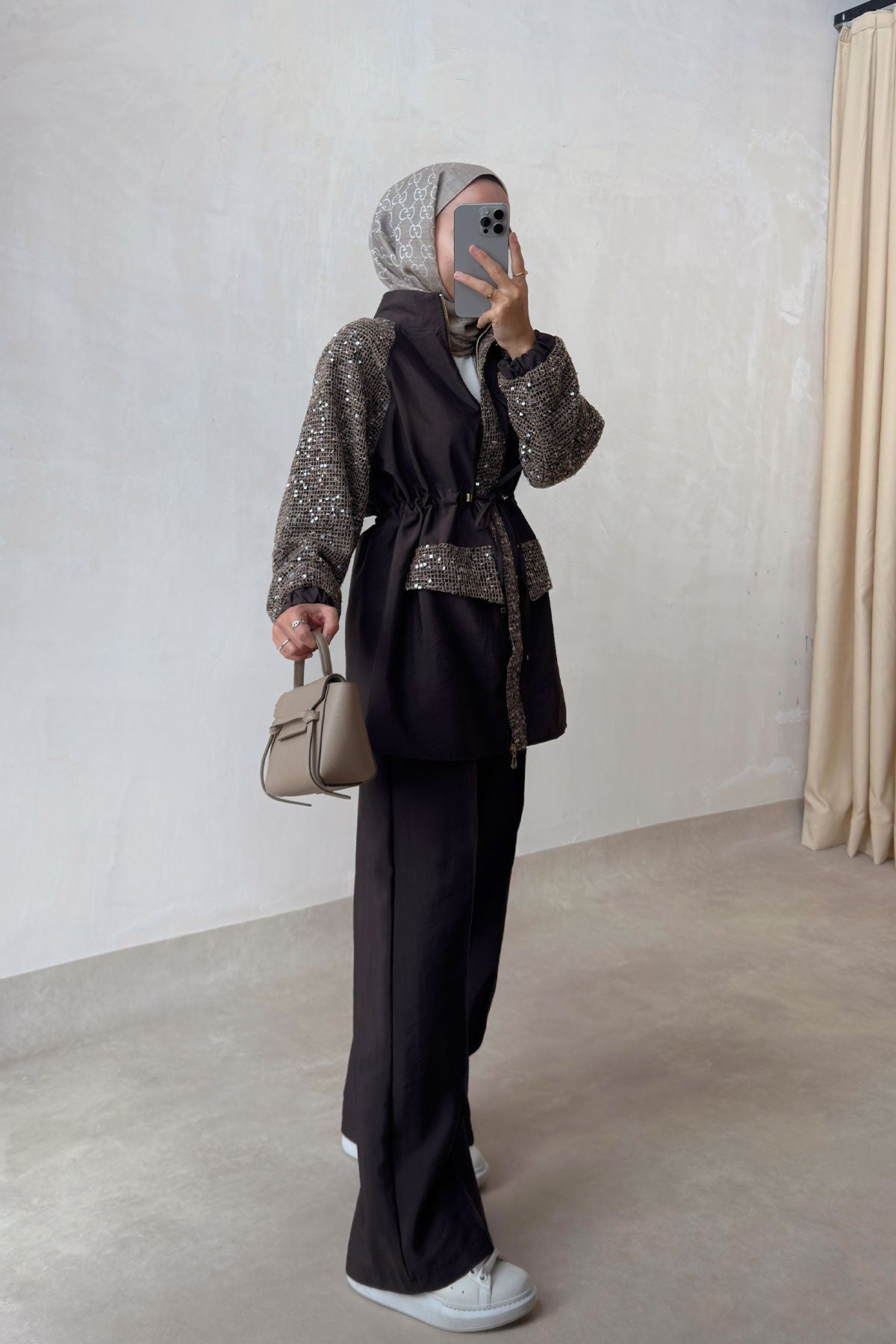 Sequin Two-Piece Suit with Drawstring Waist - Brown