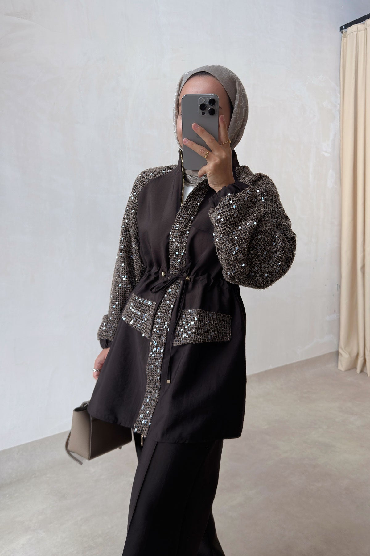 Sequin Two-Piece Suit with Drawstring Waist - Brown