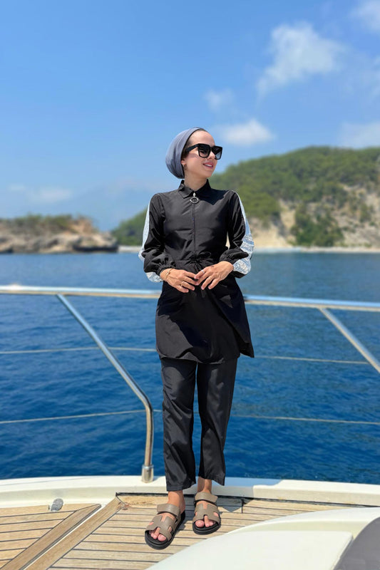 Sequin Detail Modest Swimsuit - Black