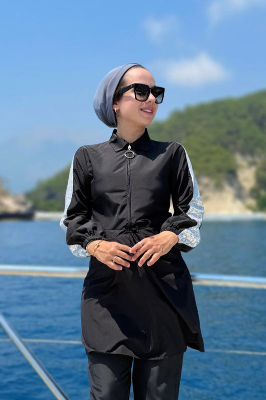 Sequin Detail Modest Swimsuit - Black