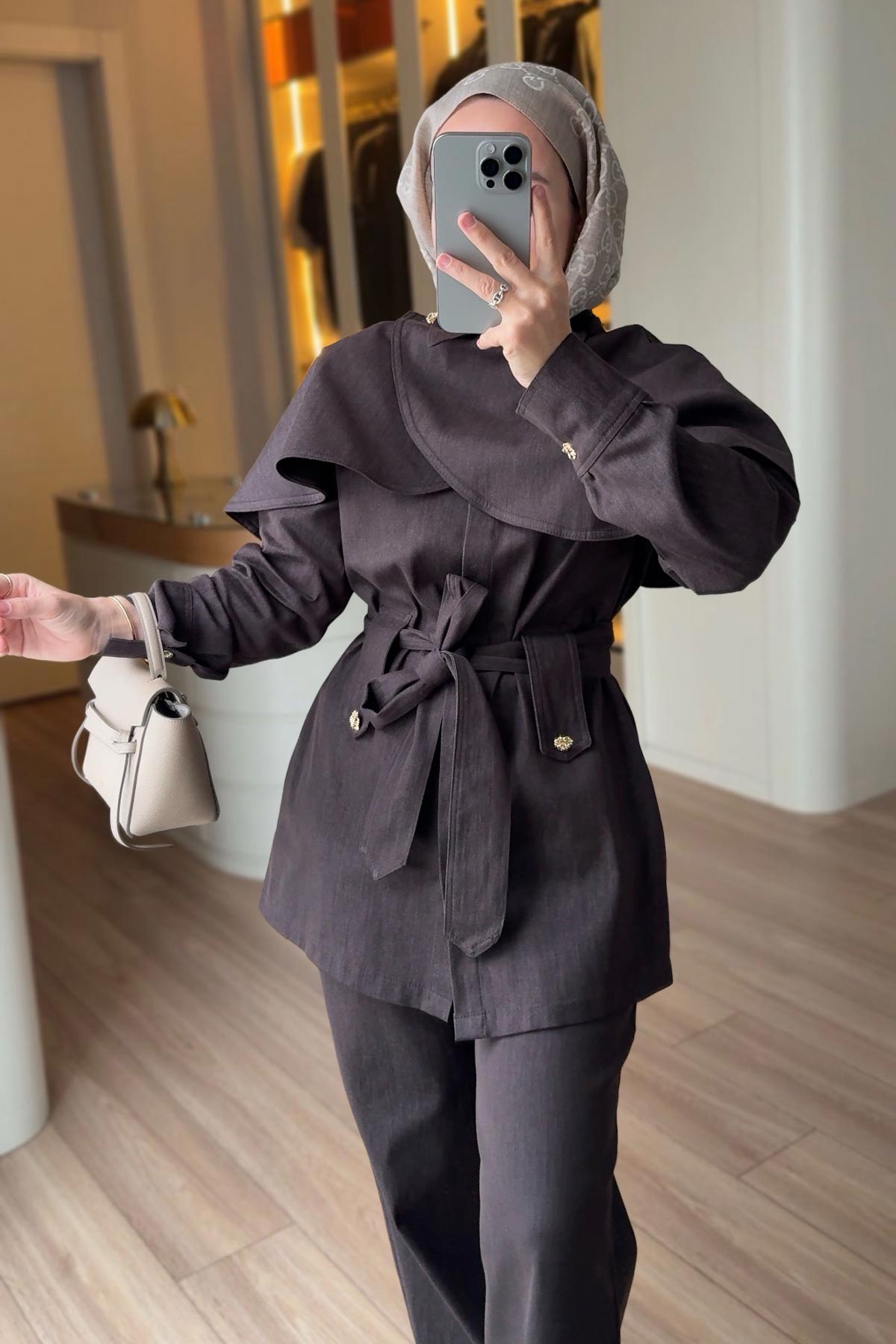 Denim Suit with Cape - Brown