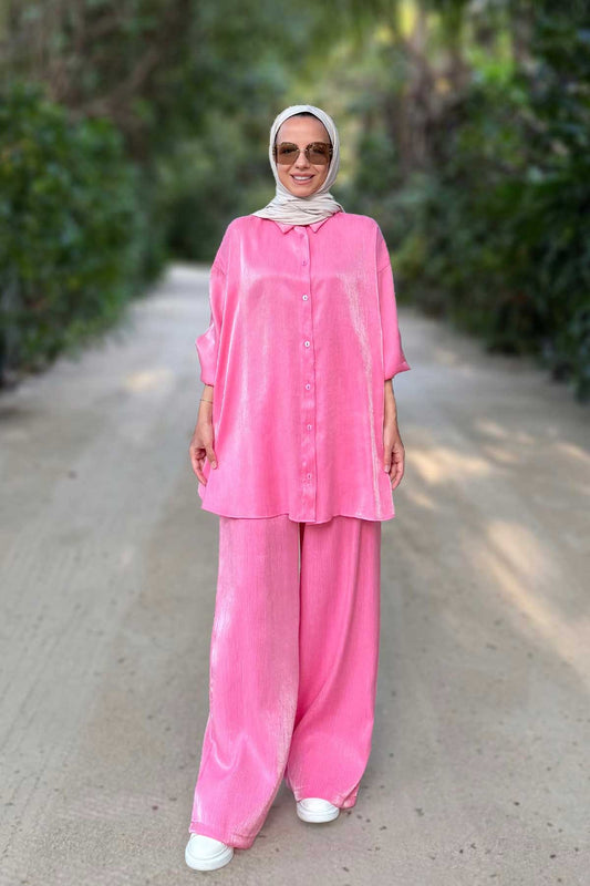 Shiny Textured Loose-Fit Two-Piece Suit - Pink