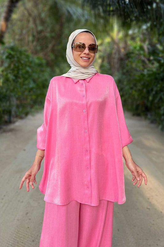 Shiny Textured Loose-Fit Two-Piece Suit - Pink