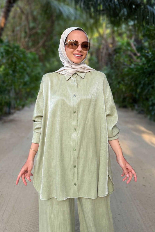 Shiny Textured Loose-Fit Two-Piece Suit - Mint Green