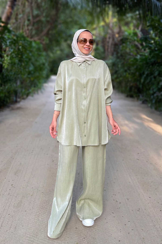 Shiny Textured Loose-Fit Two-Piece Suit - Mint Green