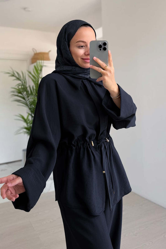 Relaxed Fit Ruched Detail Suit - Black