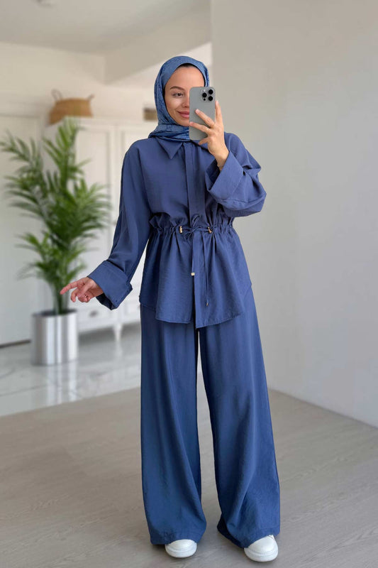 Relaxed Fit Ruched Detail Suit - Indigo