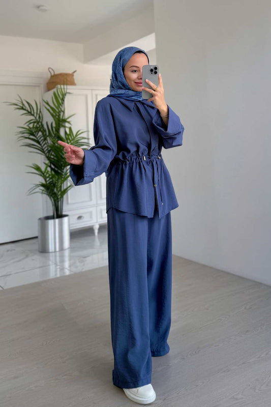 Relaxed Fit Ruched Detail Suit - Indigo