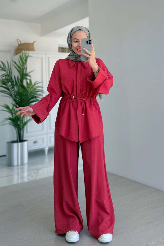 Relaxed Fit Ruched Detail Suit - Pomegranate Red