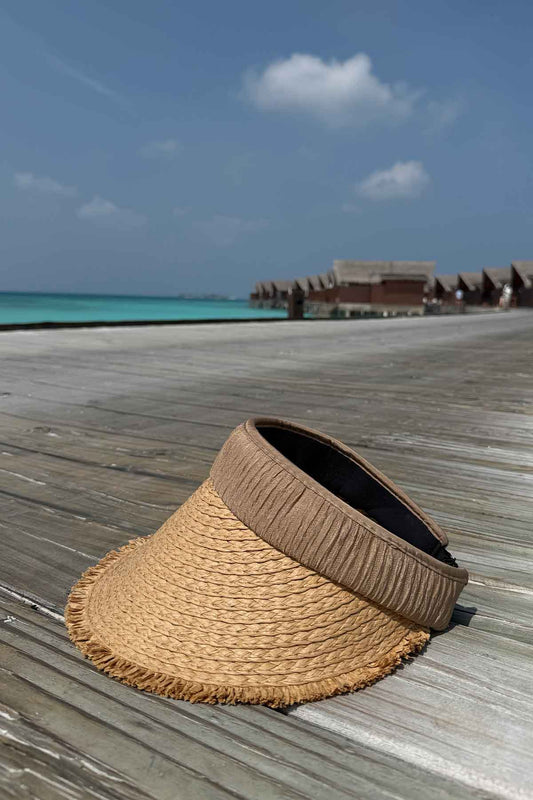 Fringed Adjustable Straw Visor Hat - Camel