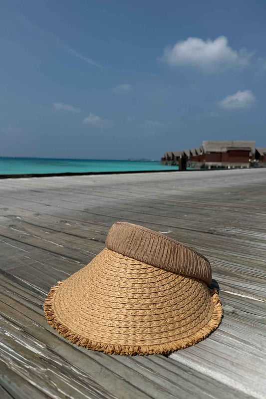 Fringed Adjustable Straw Visor Hat - Camel