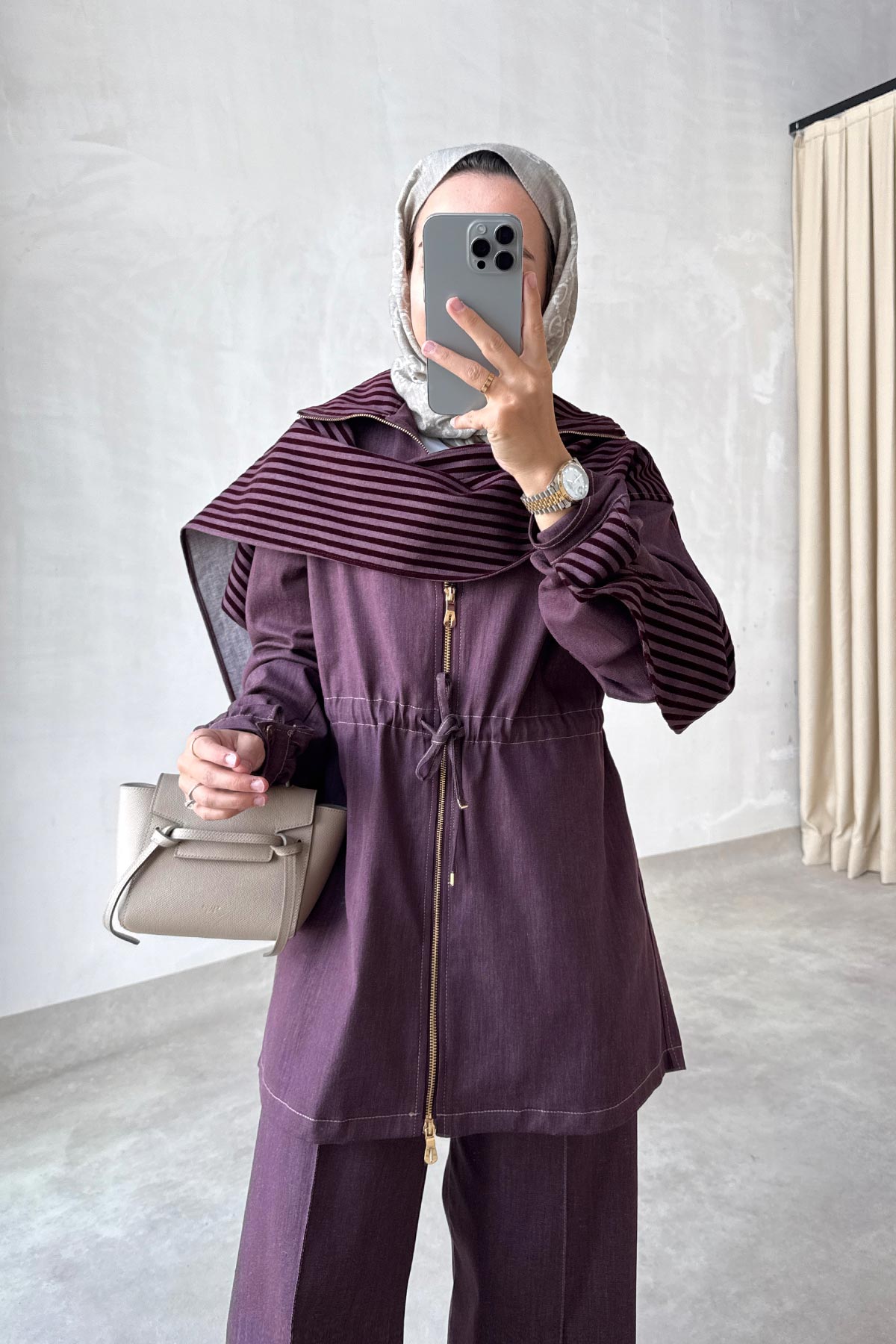 Two-Piece Denim Suit with Shawl Detail - Burgundy