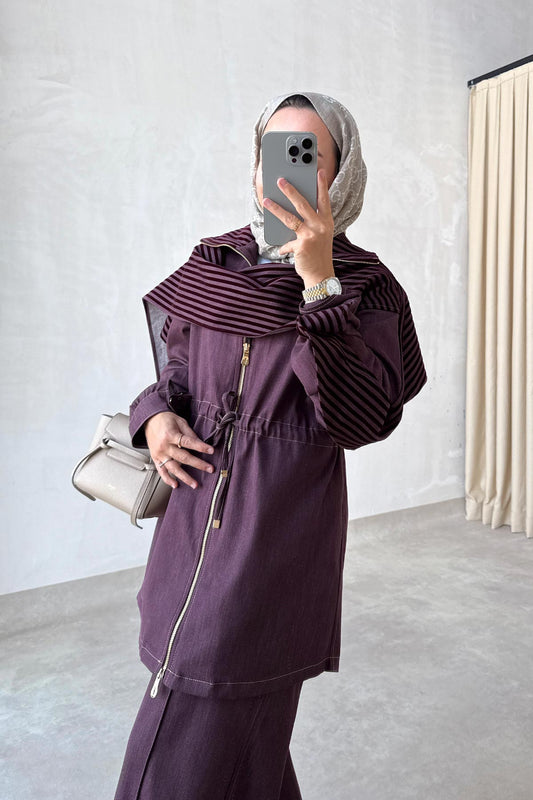 Two-Piece Denim Suit with Shawl Detail - Burgundy