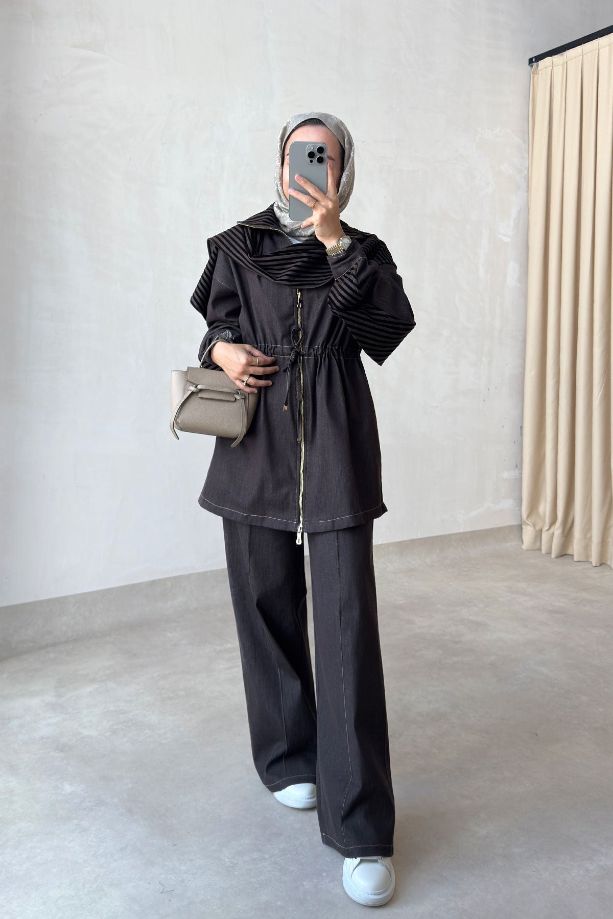 Two-Piece Denim Suit with Shawl Detail - Brown