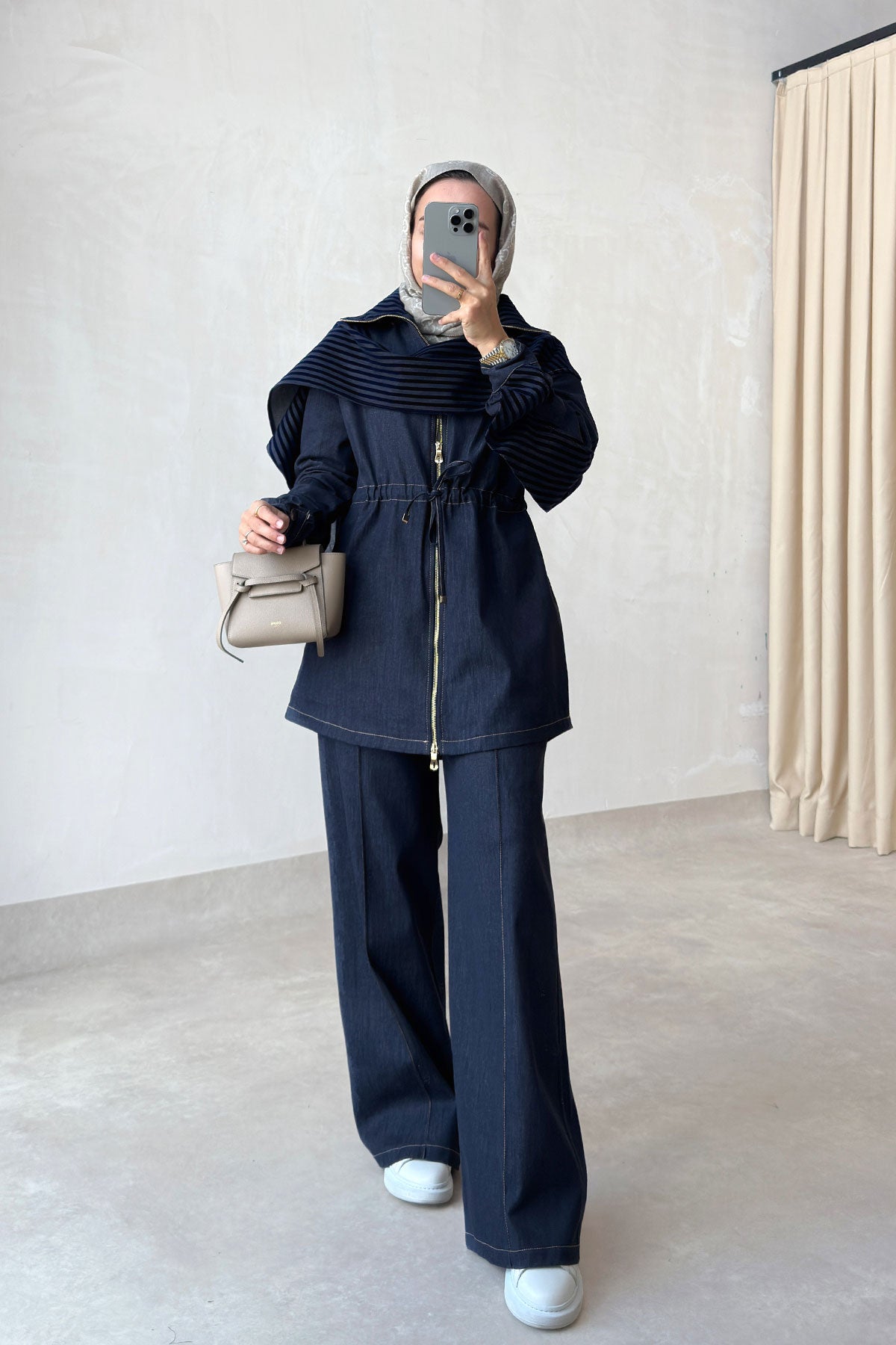Two-Piece Denim Suit with Shawl Detail - Navy