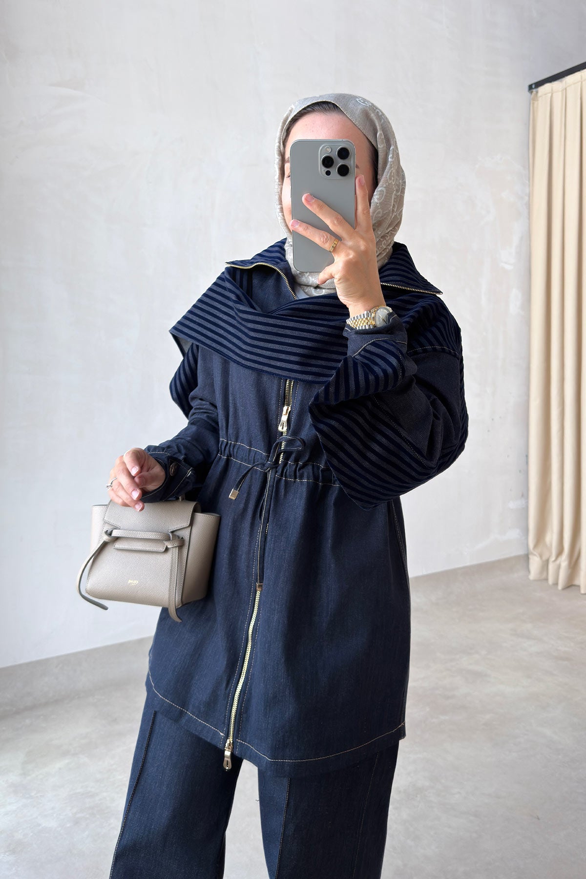 Two-Piece Denim Suit with Shawl Detail - Navy