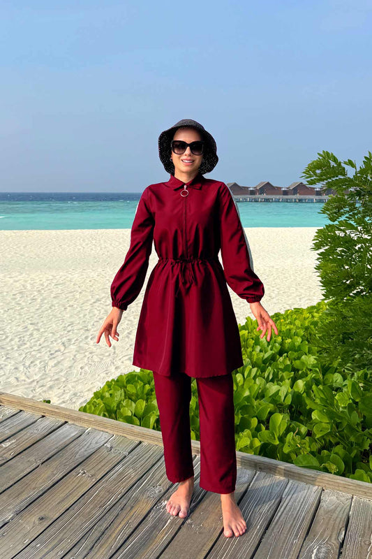 Sequin Detail Modest Swimsuit - Burgundy