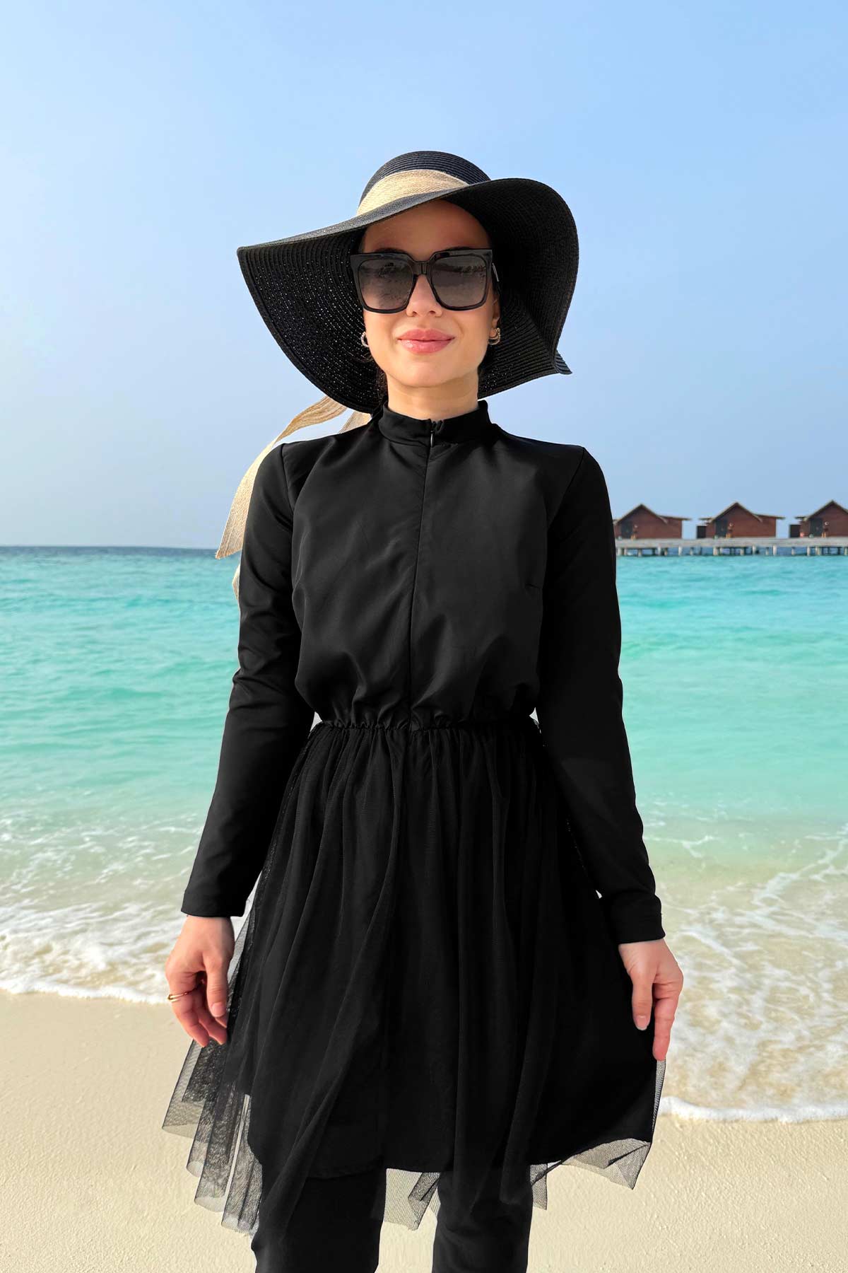 Tulle Detailed Modest Swimsuit - Black