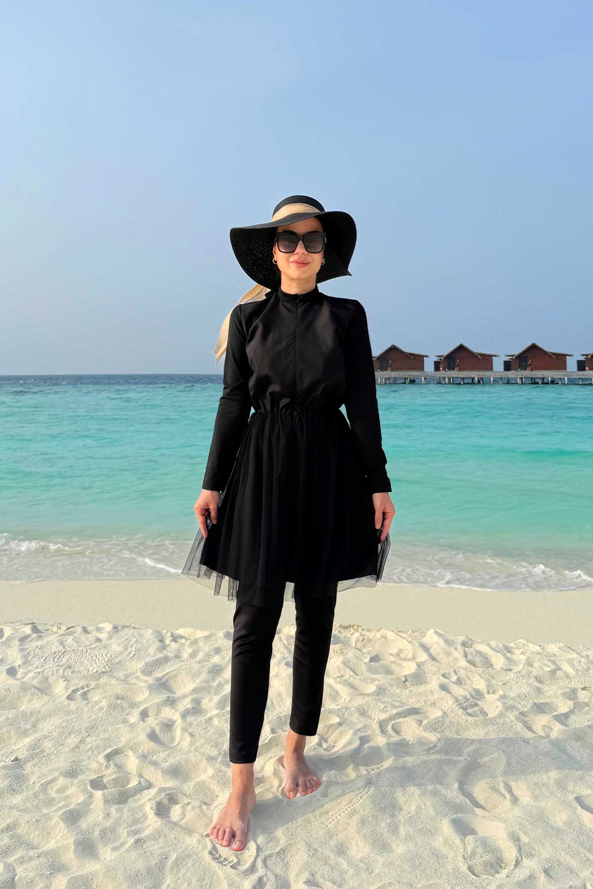 Tulle Detailed Modest Swimsuit - Black