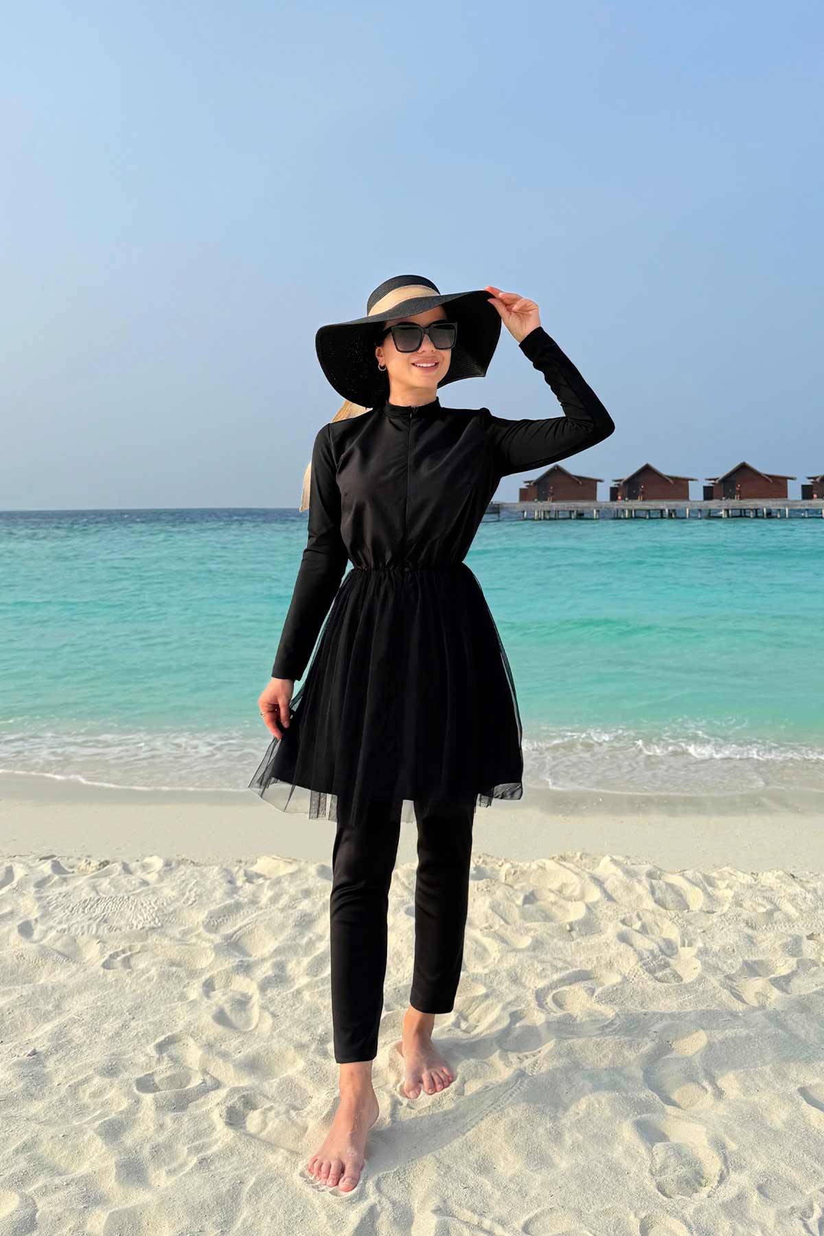 Tulle Detailed Modest Swimsuit - Black