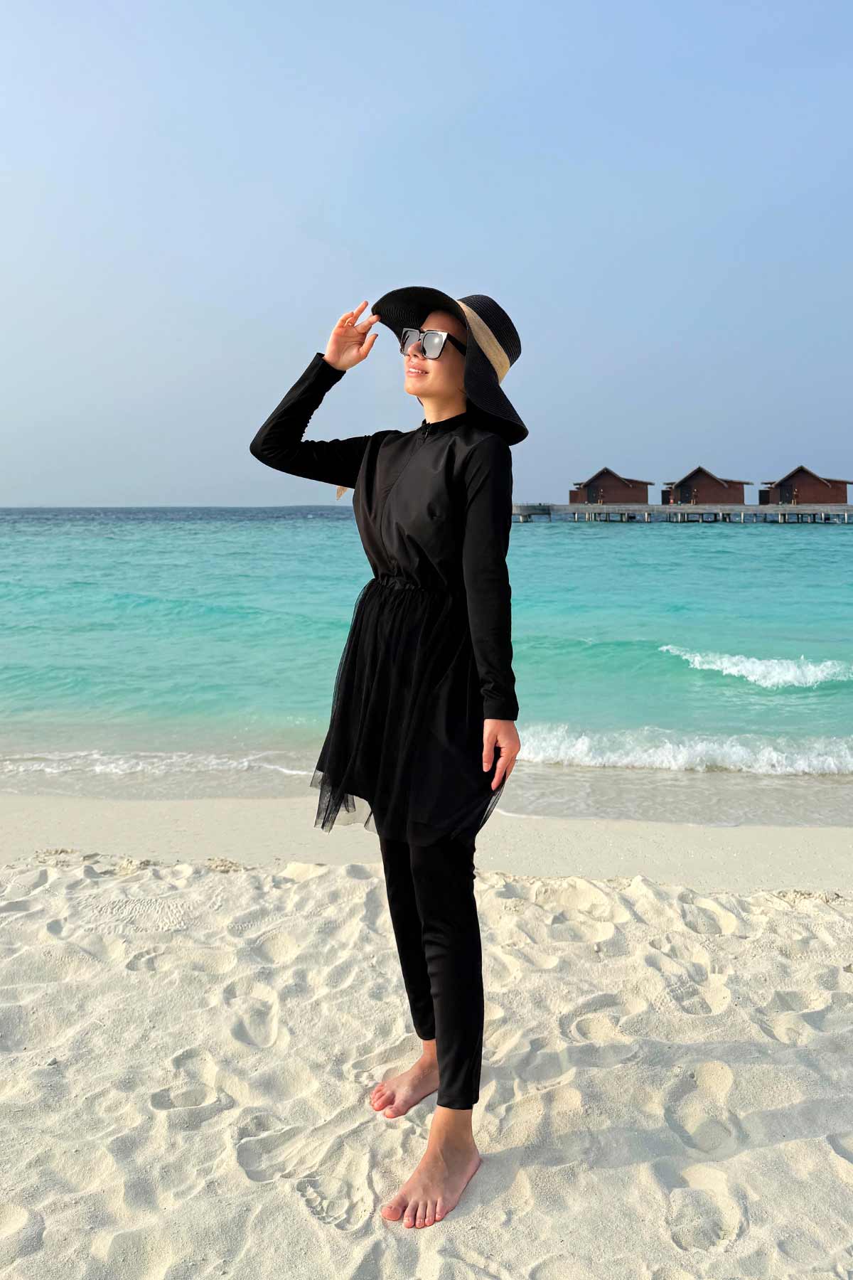 Tulle Detailed Modest Swimsuit - Black