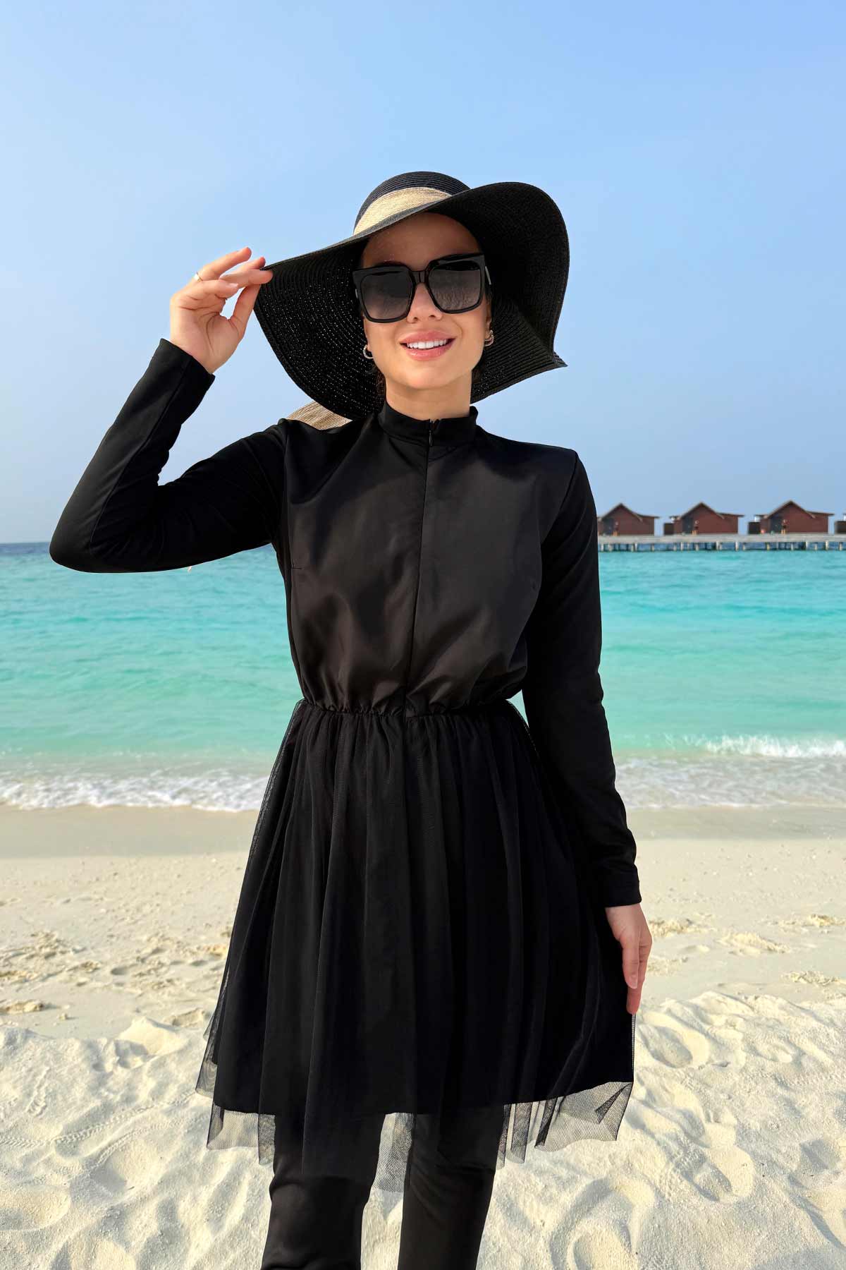 Tulle Detailed Modest Swimsuit - Black