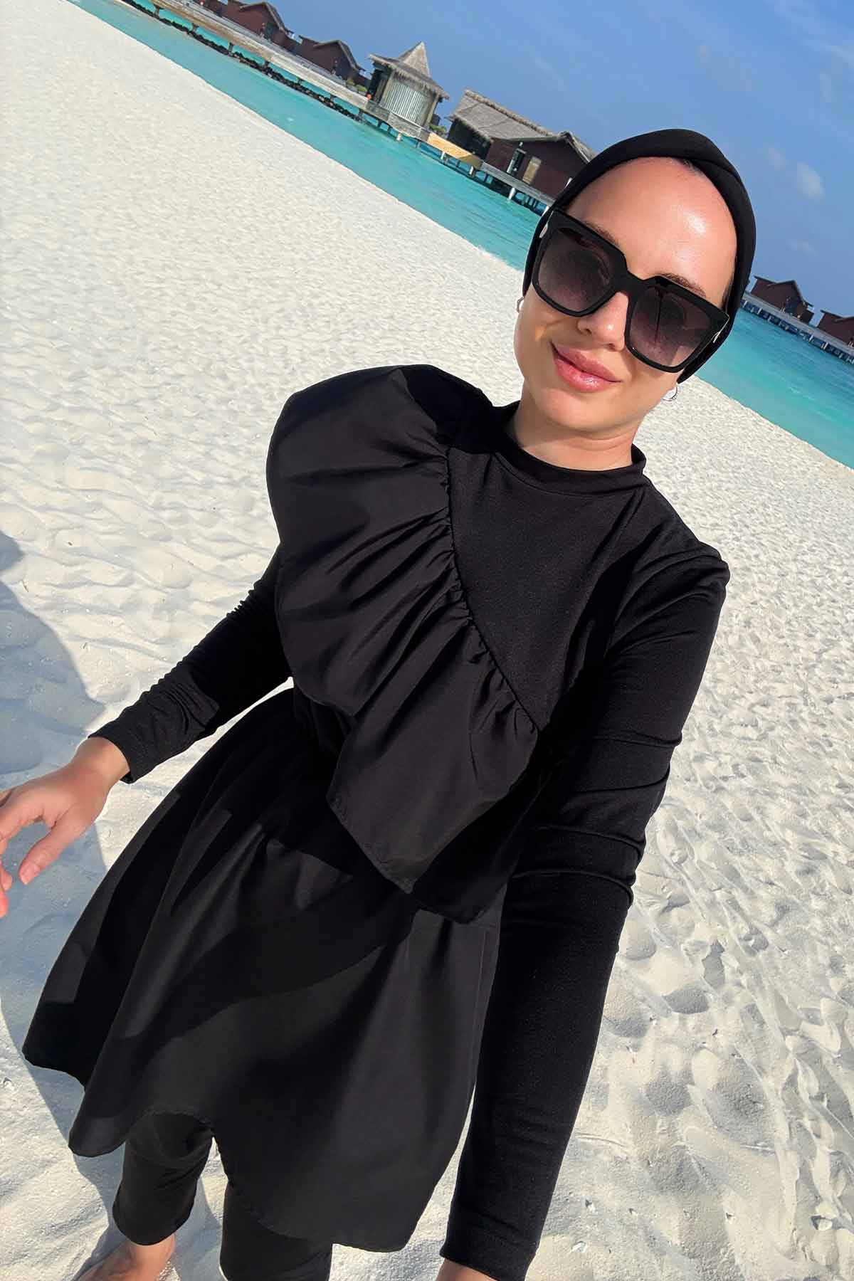 Ruffle Detail Modest Swimsuit - Black