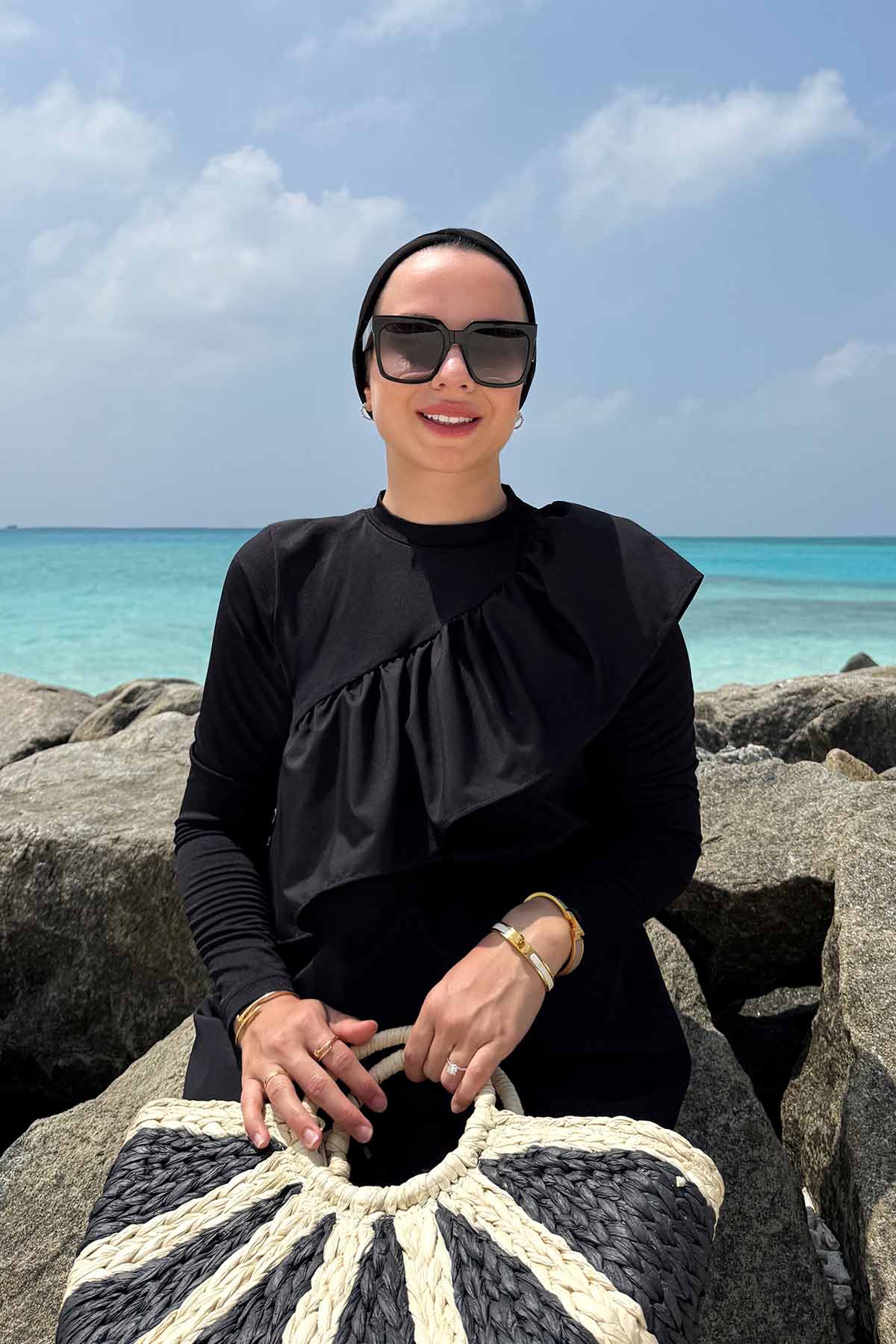 Ruffle Detail Modest Swimsuit - Black