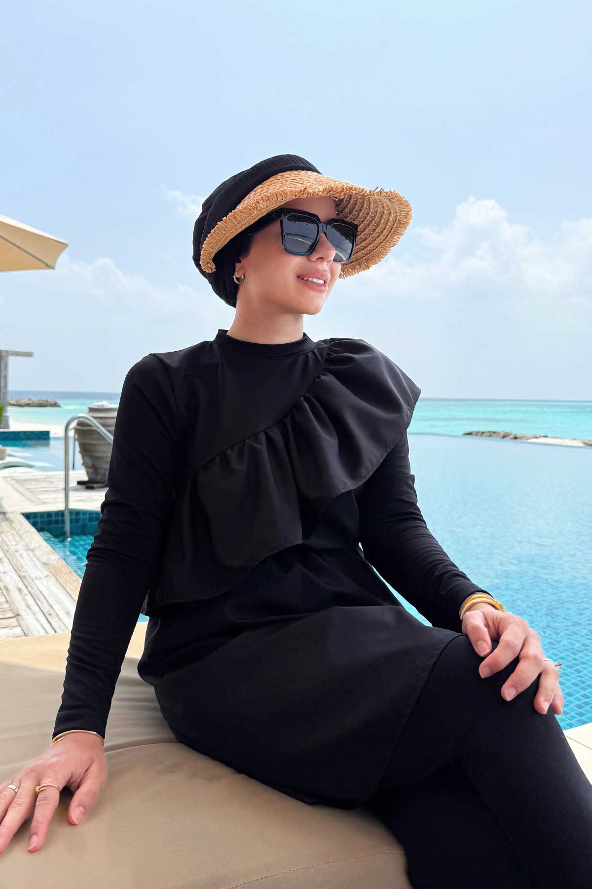 Ruffle Detail Modest Swimsuit - Black