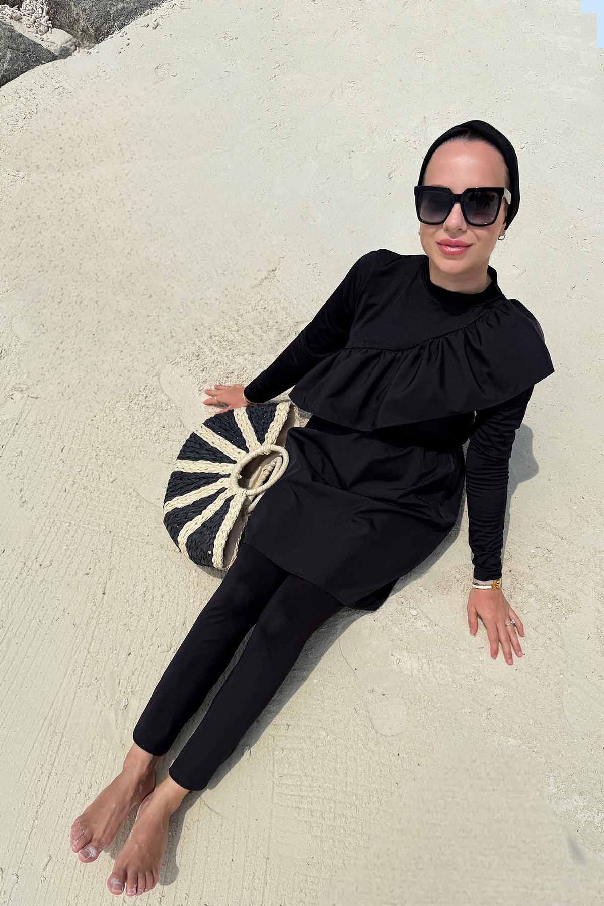 Ruffle Detail Modest Swimsuit - Black