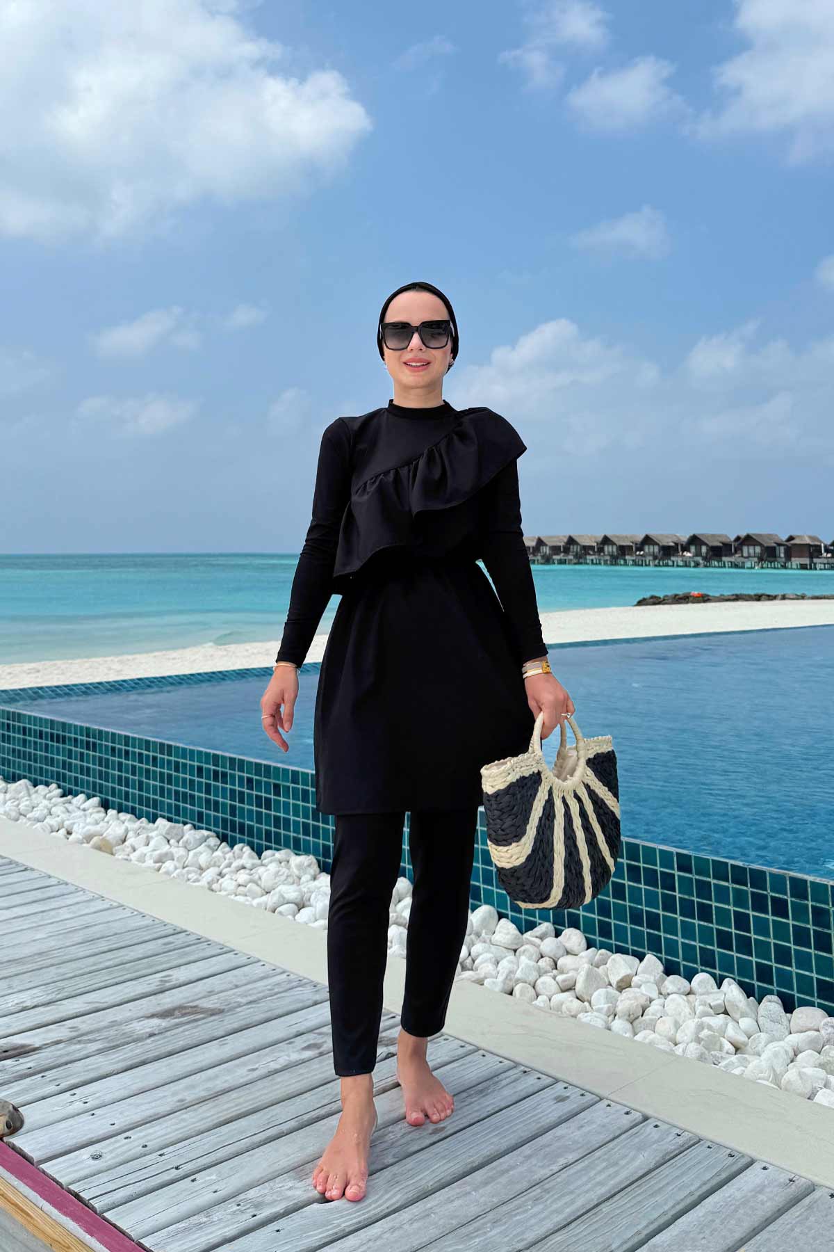 Ruffle Detail Modest Swimsuit - Black