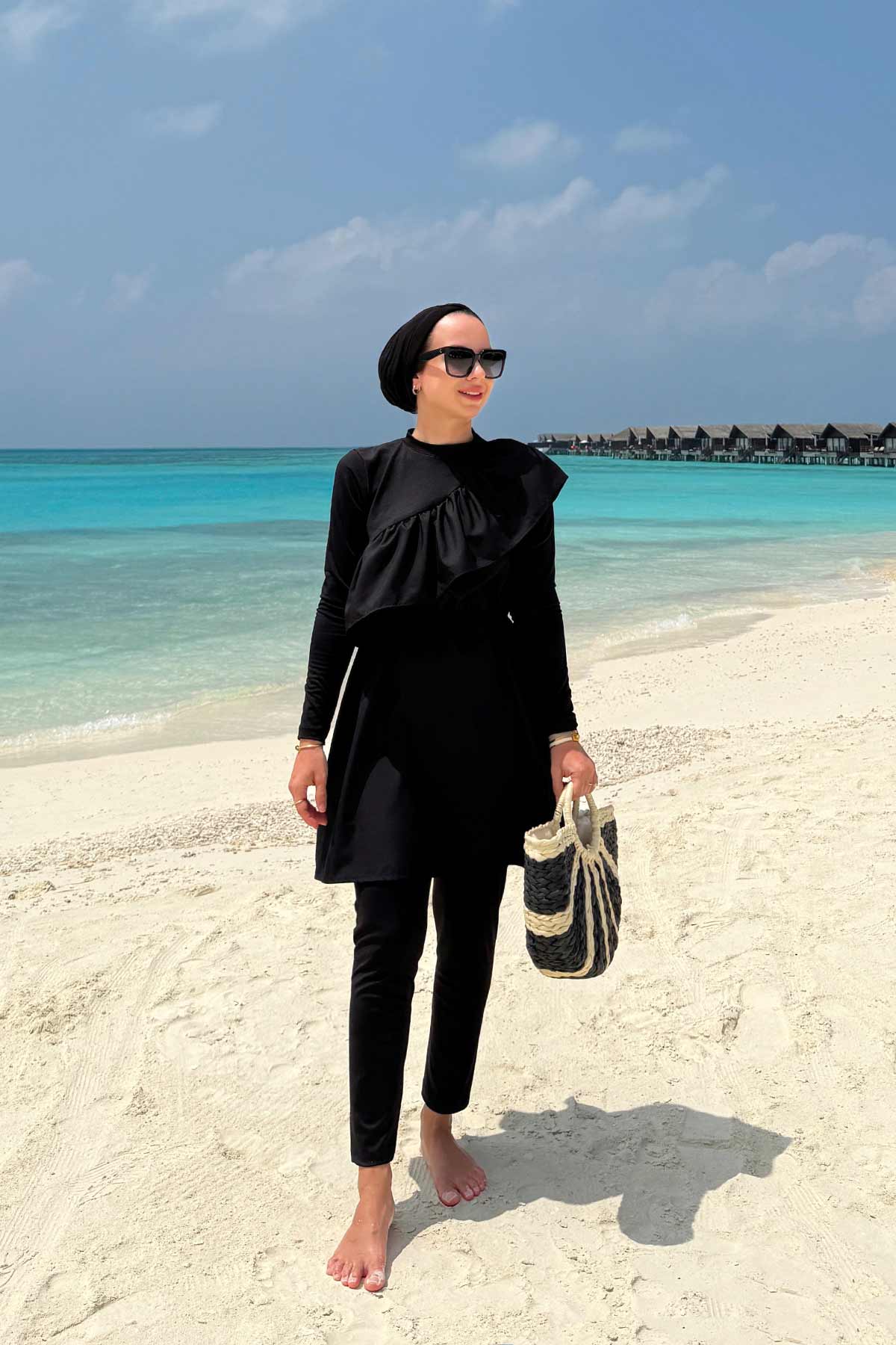 Ruffle Detail Modest Swimsuit - Black