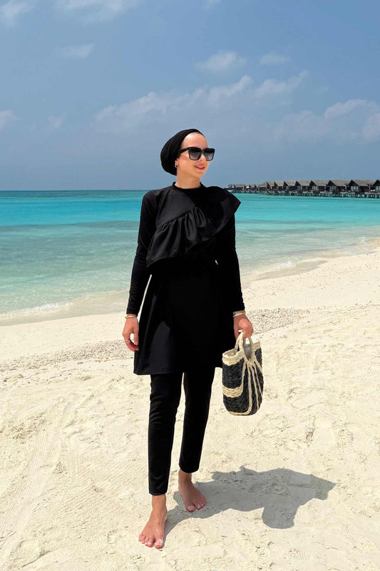 Ruffle Detail Modest Swimsuit - Black