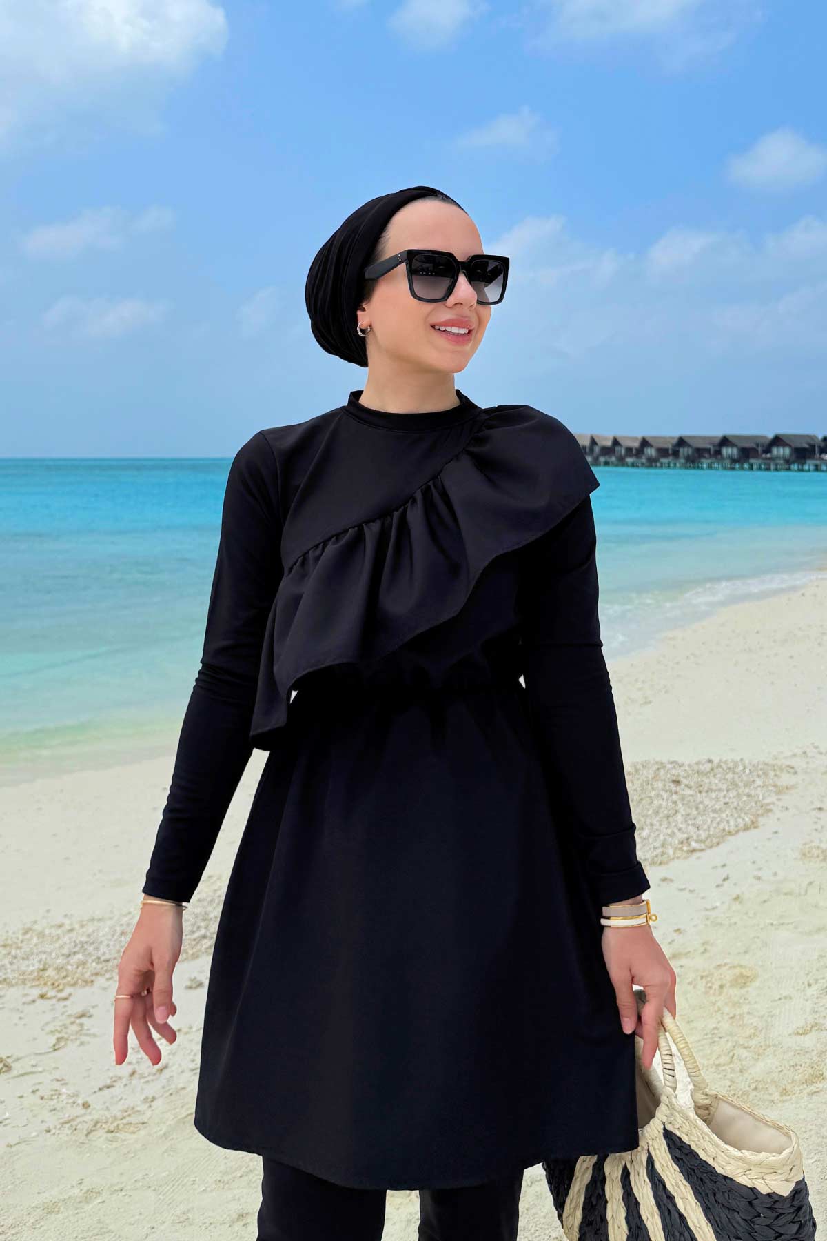 Ruffle Detail Modest Swimsuit - Black