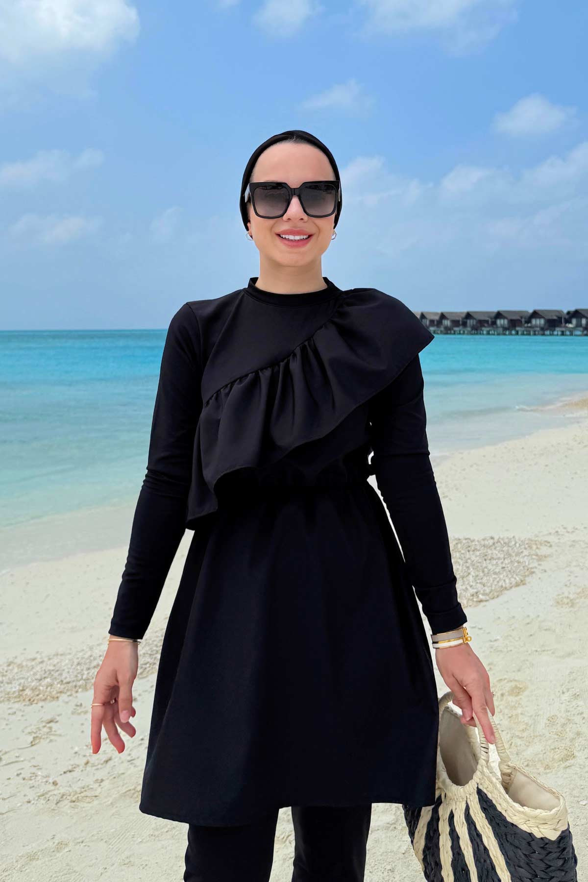 Ruffle Detail Modest Swimsuit - Black