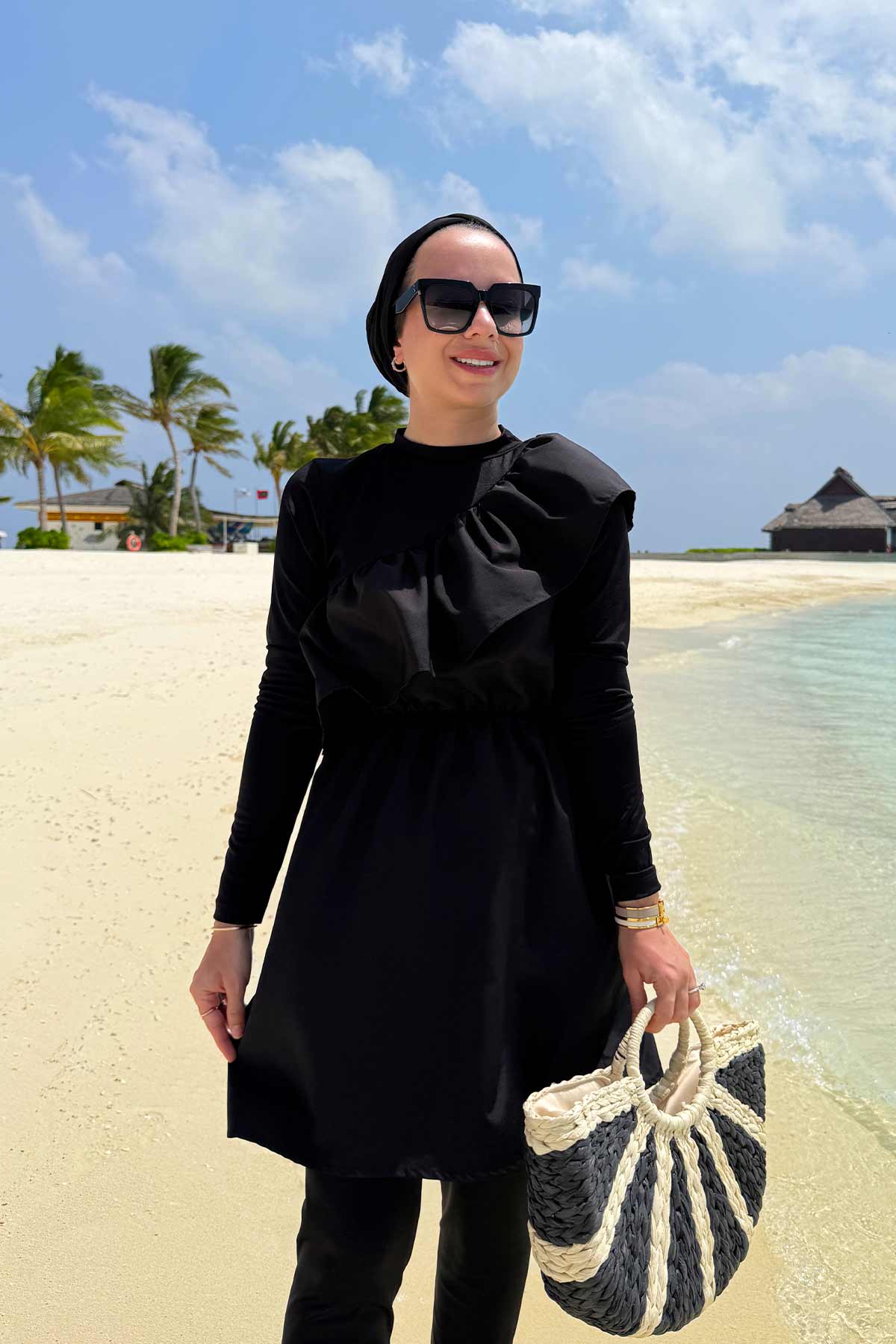 Ruffle Detail Modest Swimsuit - Black