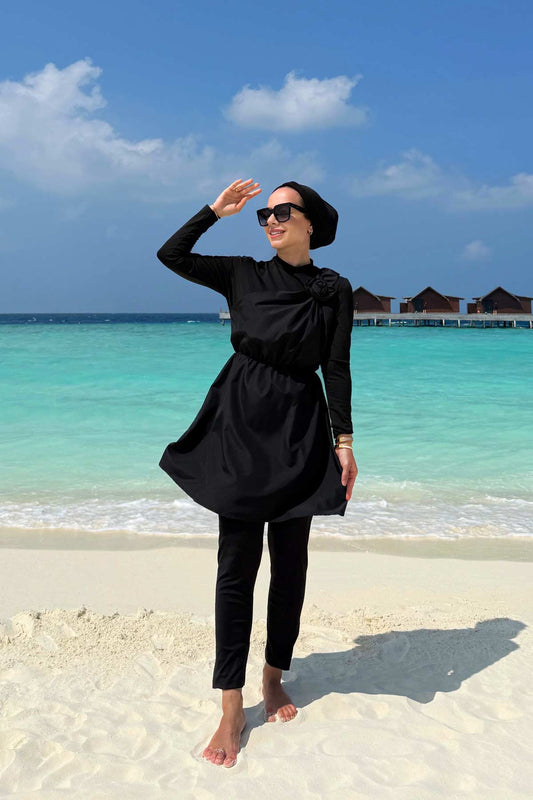 Rose Detail Modest Swimsuit - Black