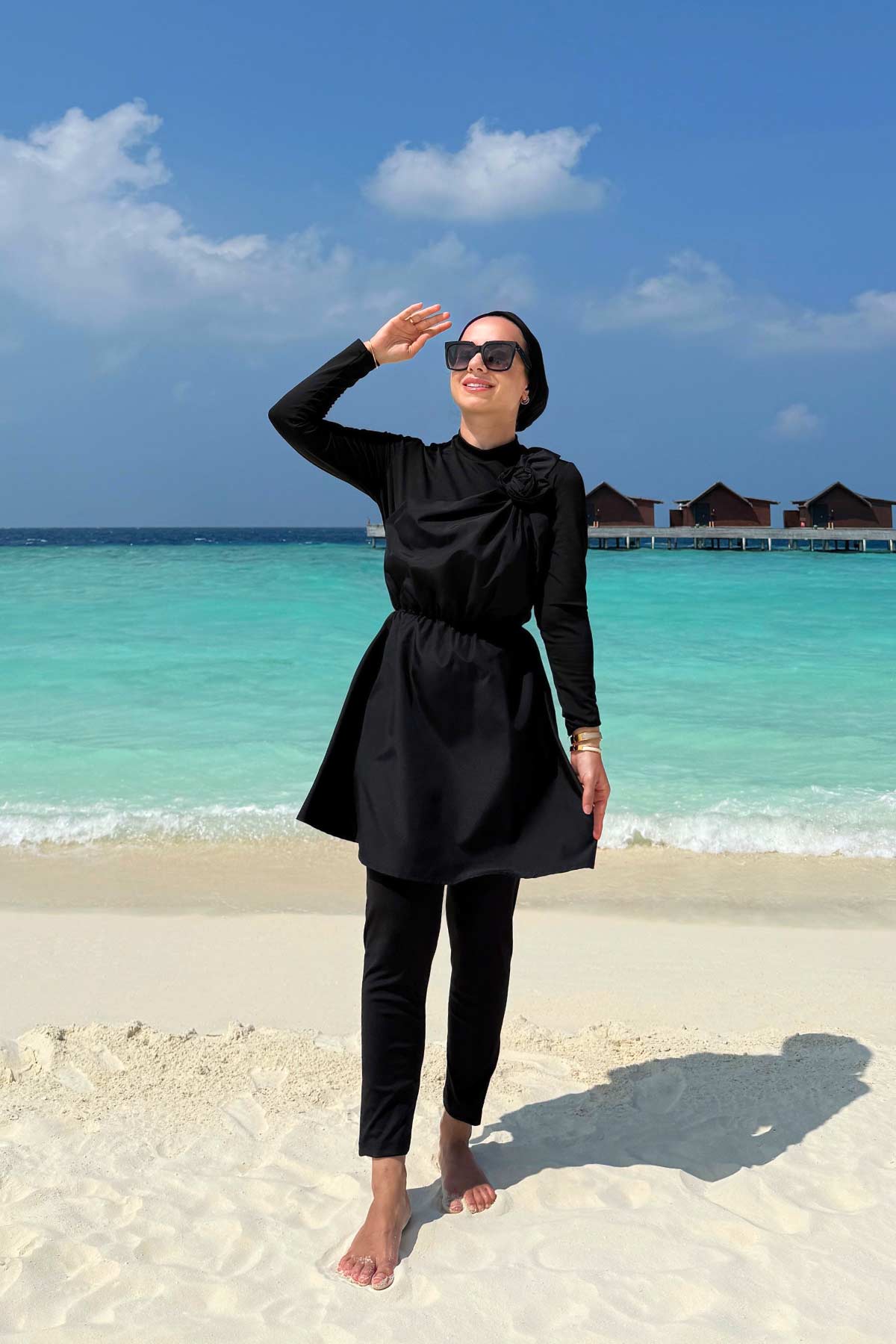 Rose Detail Modest Swimsuit - Black