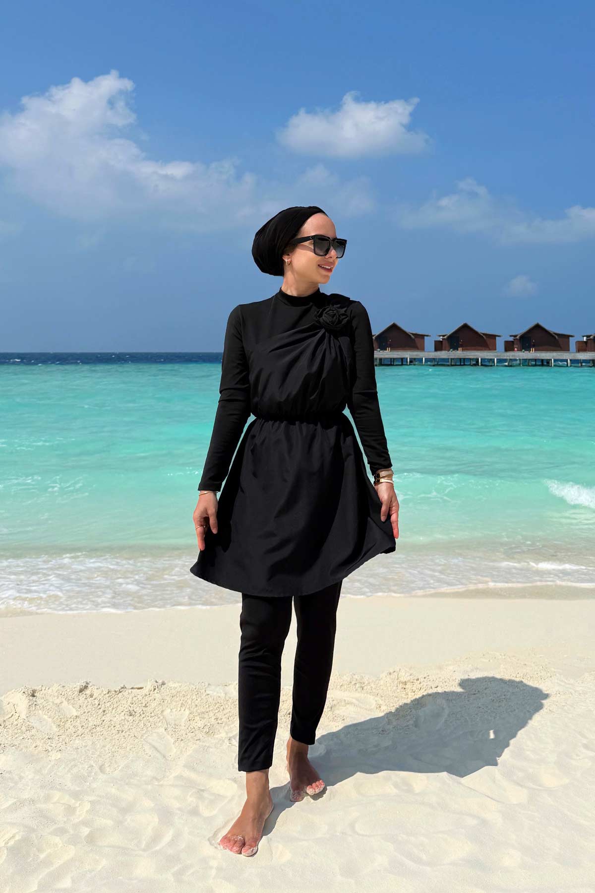 Rose Detail Modest Swimsuit - Black