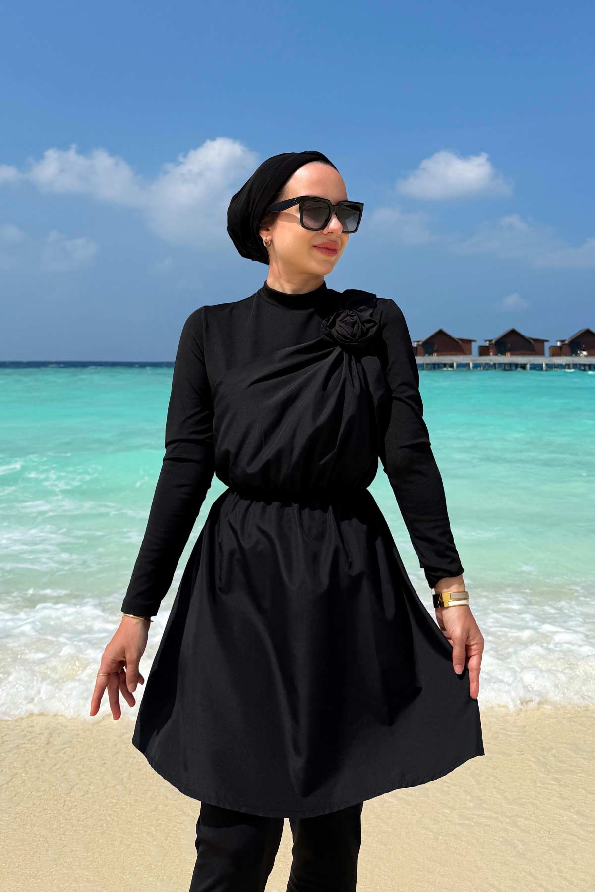 Rose Detail Modest Swimsuit - Black