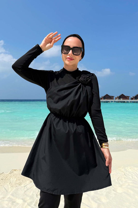 Rose Detail Modest Swimsuit - Black