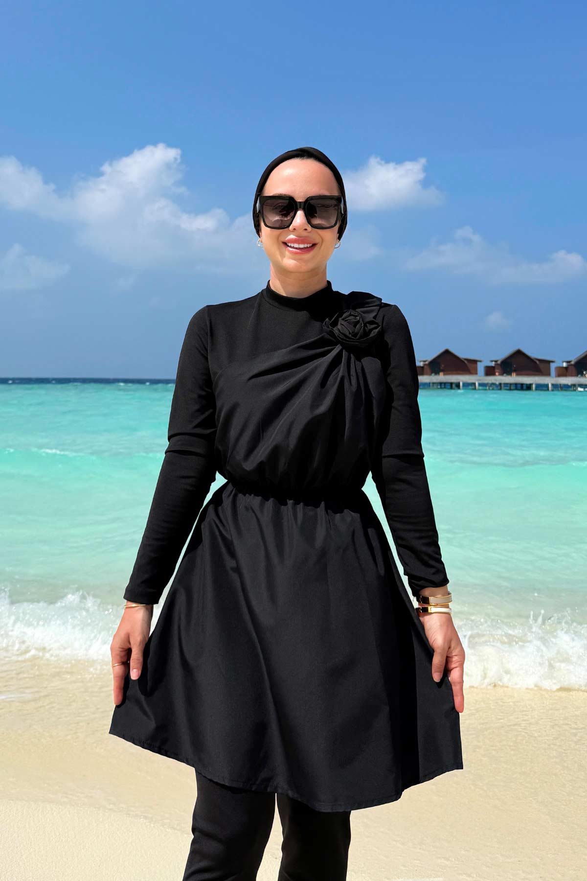 Rose Detail Modest Swimsuit - Black