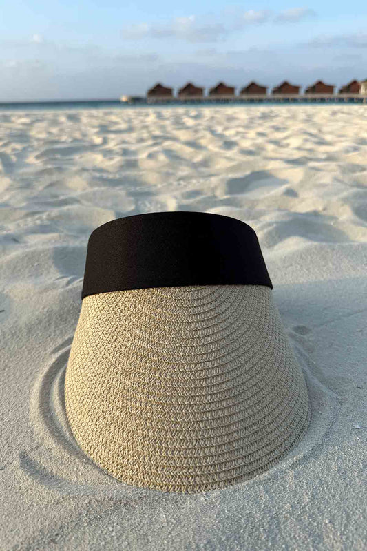 Black Band Adjustable Straw Visor Hat - Beige