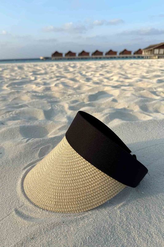 Black Band Adjustable Straw Visor Hat - Beige