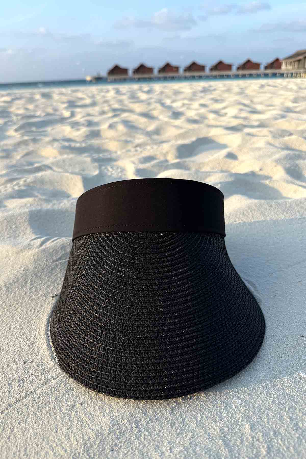 Black Band Adjustable Straw Visor Hat - Black
