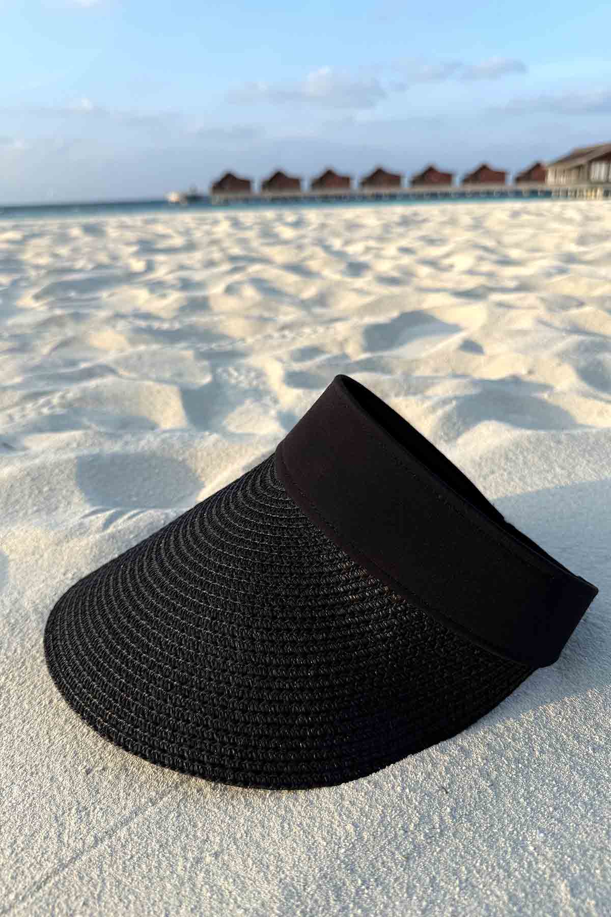 Black Band Adjustable Straw Visor Hat - Black