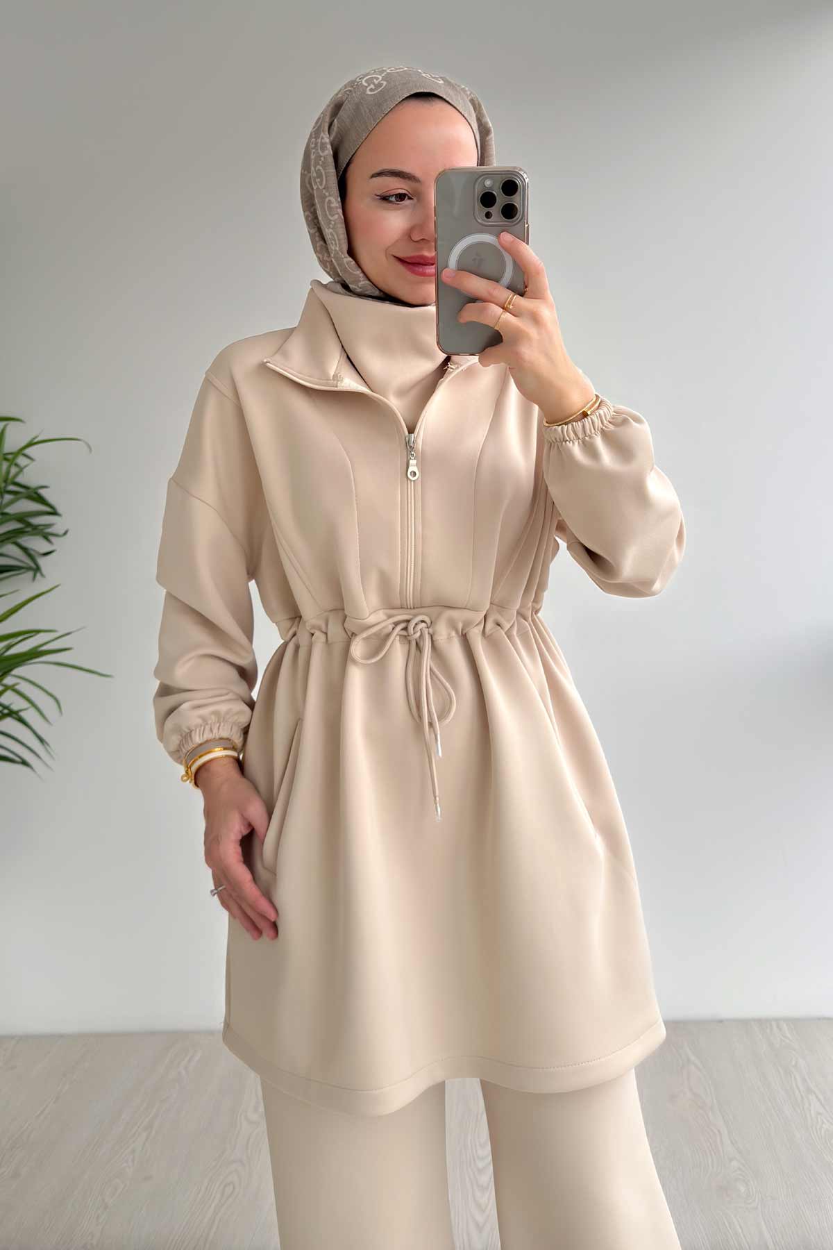 Design Collar Scuba Suit - Beige